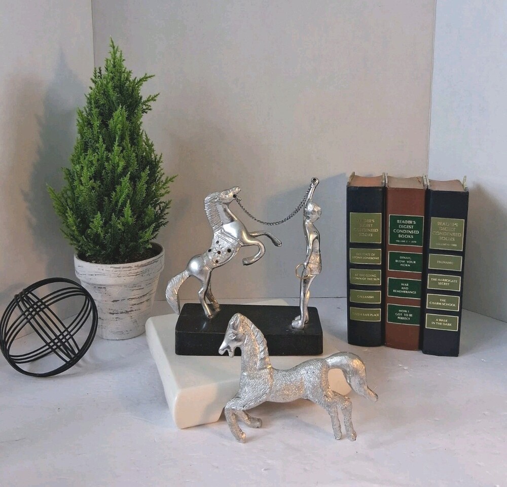 VTG Silver-Tone Metal Horse and Handler Trainer Statue Sculpture; "Marly Horse"